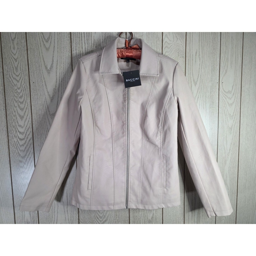 Baccini Womens Faux Leather Zip Front Jacket Cream Off-White Size Small NWT